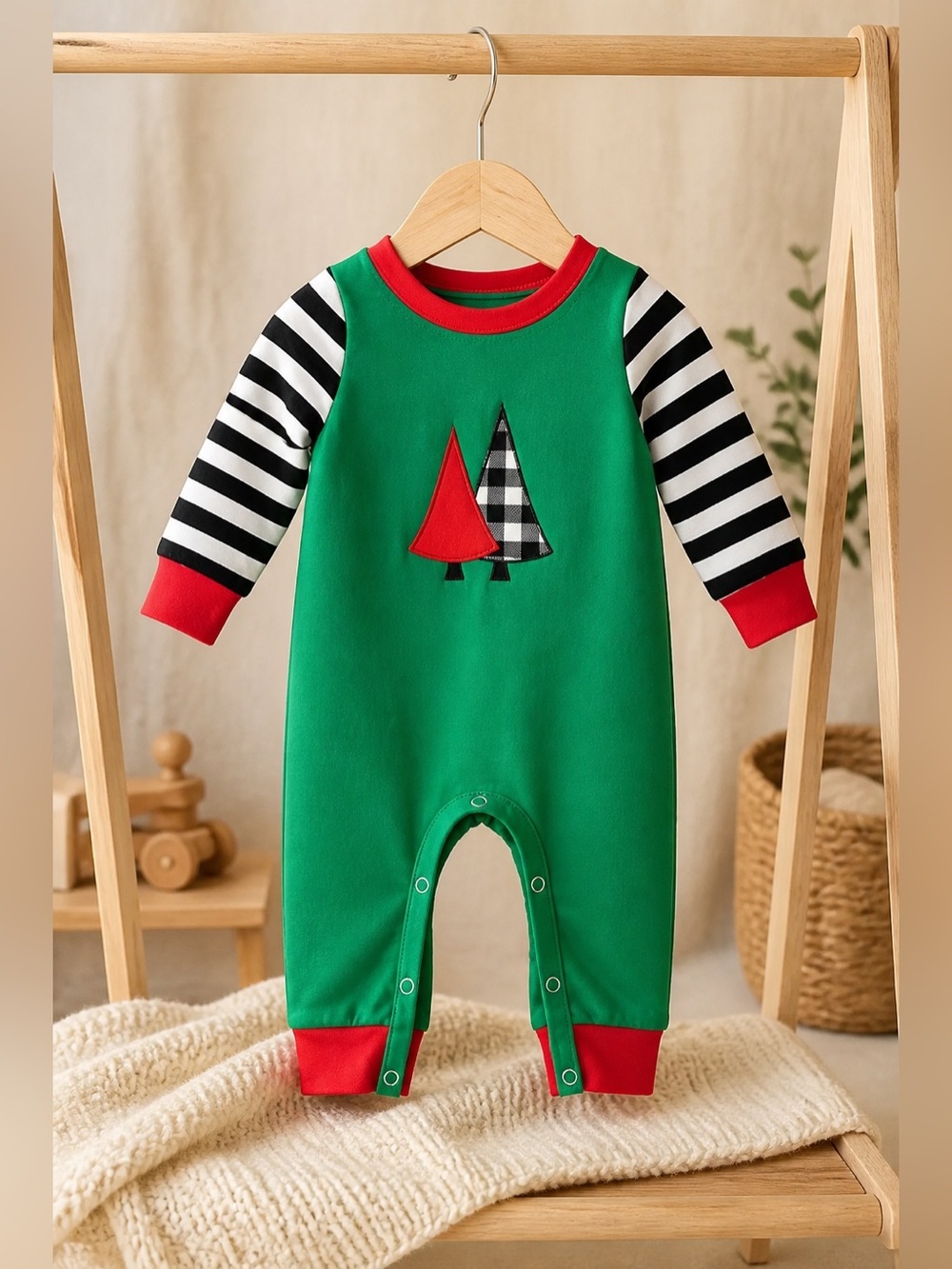NWT Boys Christmas Romper Ragland Sleeves and Trees appliqué - Size 0-3 month